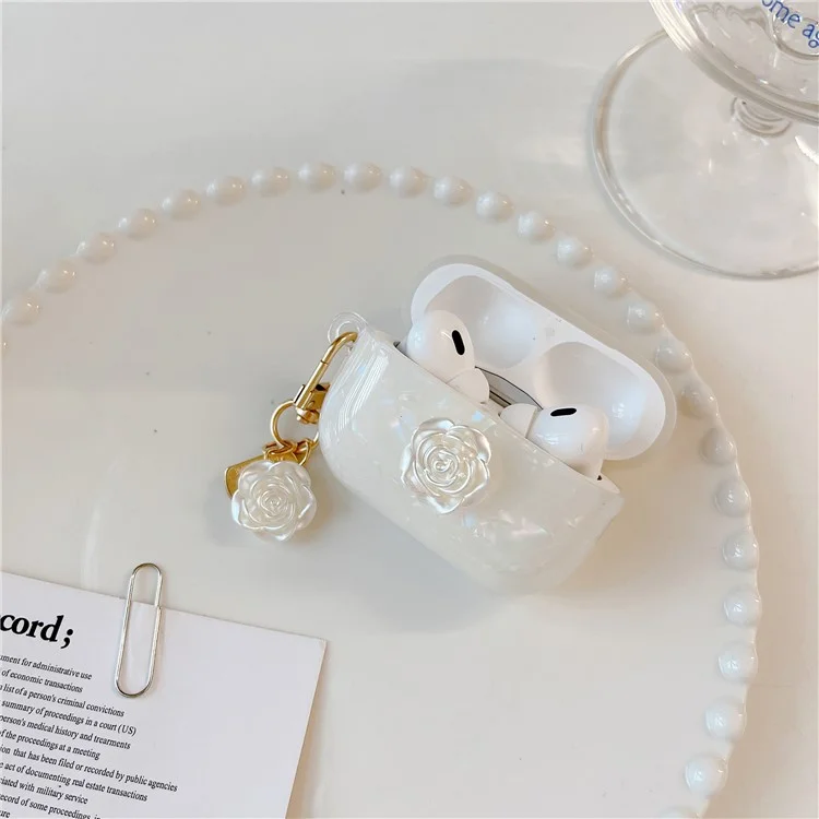 Para Capa Antichoque dos AirPods Pro 2 com Decoração de Camélia, Capa Anti-Queda de TPU com Padrão de Grão de Concha de Camélia