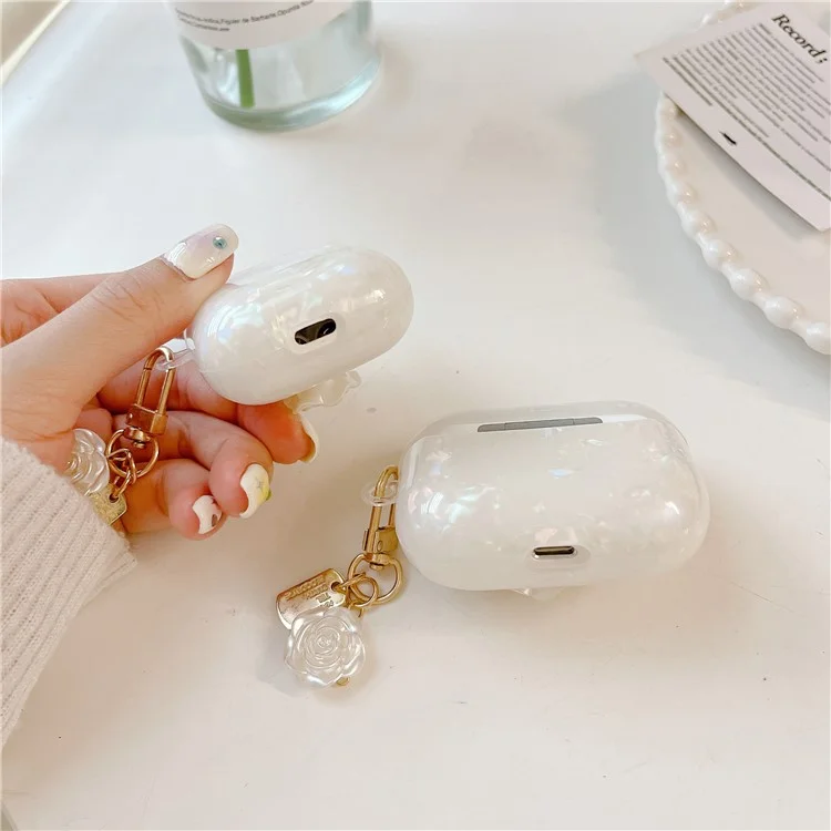 Para Capa Antichoque dos AirPods Pro 2 com Decoração de Camélia, Capa Anti-Queda de TPU com Padrão de Grão de Concha de Camélia