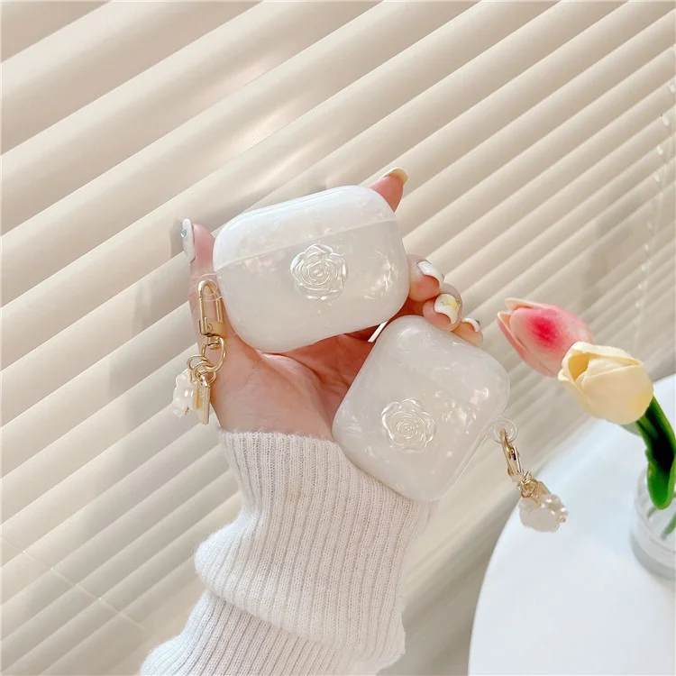 Para Capa Antichoque dos AirPods Pro 2 com Decoração de Camélia, Capa Anti-Queda de TPU com Padrão de Grão de Concha de Camélia