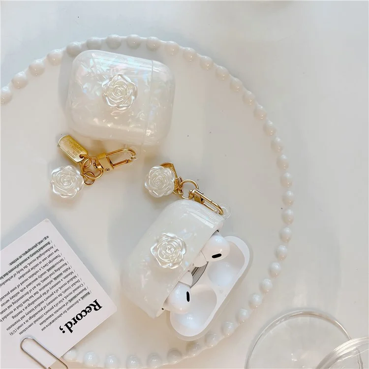 Para Capa Antichoque dos AirPods Pro 2 com Decoração de Camélia, Capa Anti-Queda de TPU com Padrão de Grão de Concha de Camélia