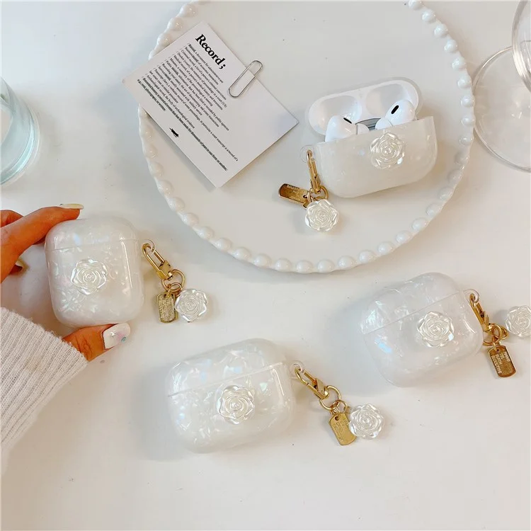 Para Capa Antichoque dos AirPods Pro 2 com Decoração de Camélia, Capa Anti-Queda de TPU com Padrão de Grão de Concha de Camélia
