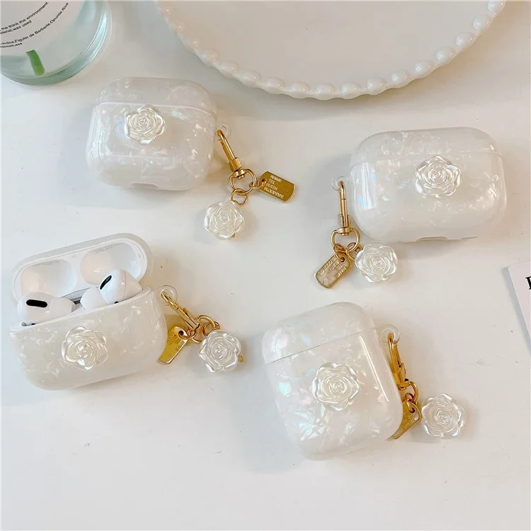 Para Capa Antichoque dos AirPods Pro 2 com Decoração de Camélia, Capa Anti-Queda de TPU com Padrão de Grão de Concha de Camélia