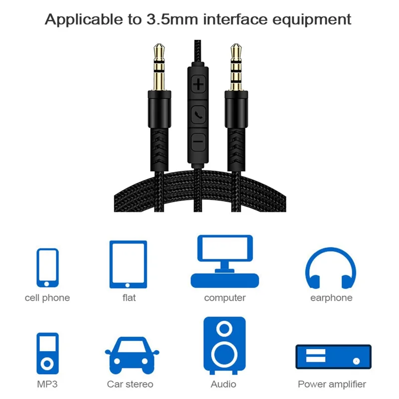 1.2m 3.5mm to 3.5mm Male to Male Stereo Audio Aux Cable Headphone Cord with Press Key Volume Control Mic - Black