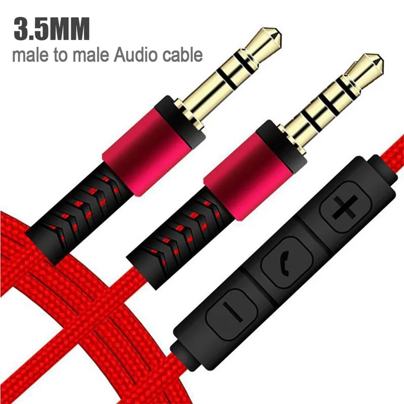 1.2m 3.5mm to 3.5mm Male to Male Stereo Audio Aux Cable Headphone Cord with Press Key Volume Control Mic - Black