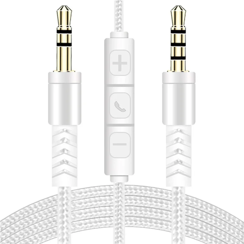 Cavo audio stereo AUX da 1,2 m da 3,5 mm a 3,5 mm maschio a maschio con controllo del volume con tasto e microfono - Bianco