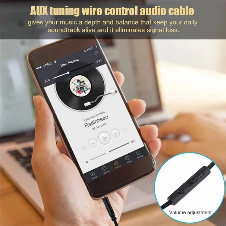 1,2 m Ohrhörer-Kabel, Audioverlägerungskabel, Stecker 3,5 mm auf 3,5 mm, männlich auf männlich, Aux-Kabel, Kord mit Lautstärkeregelung und Mikrofon - Schwarz