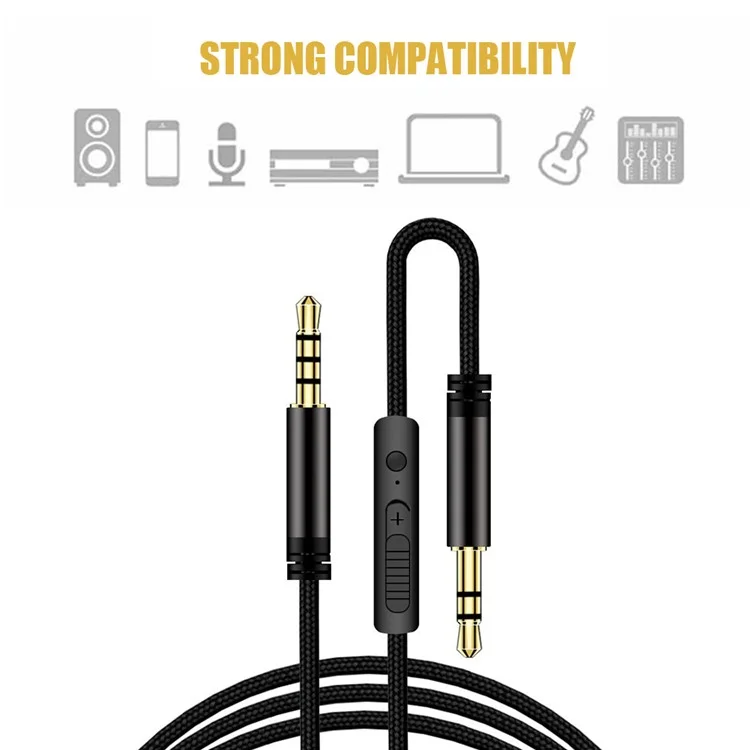 1,2 m Ohrhörer-Kabel, Audioverlägerungskabel, Stecker 3,5 mm auf 3,5 mm, männlich auf männlich, Aux-Kabel, Kord mit Lautstärkeregelung und Mikrofon - Schwarz