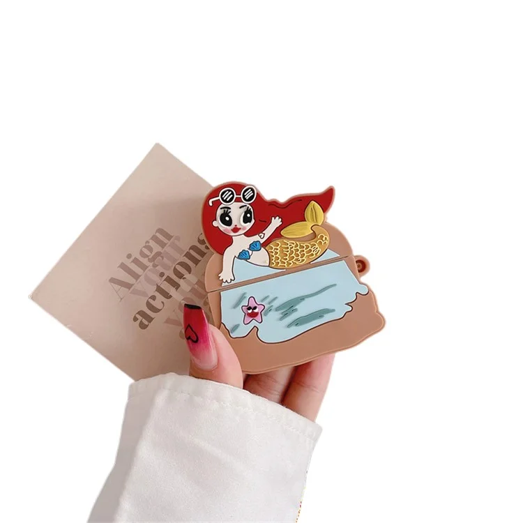 Mermaid Design Silicone Case for Apple AirPods 3 , Bluetooth-compatible Earphone Anti-drop Cover with Carabiner