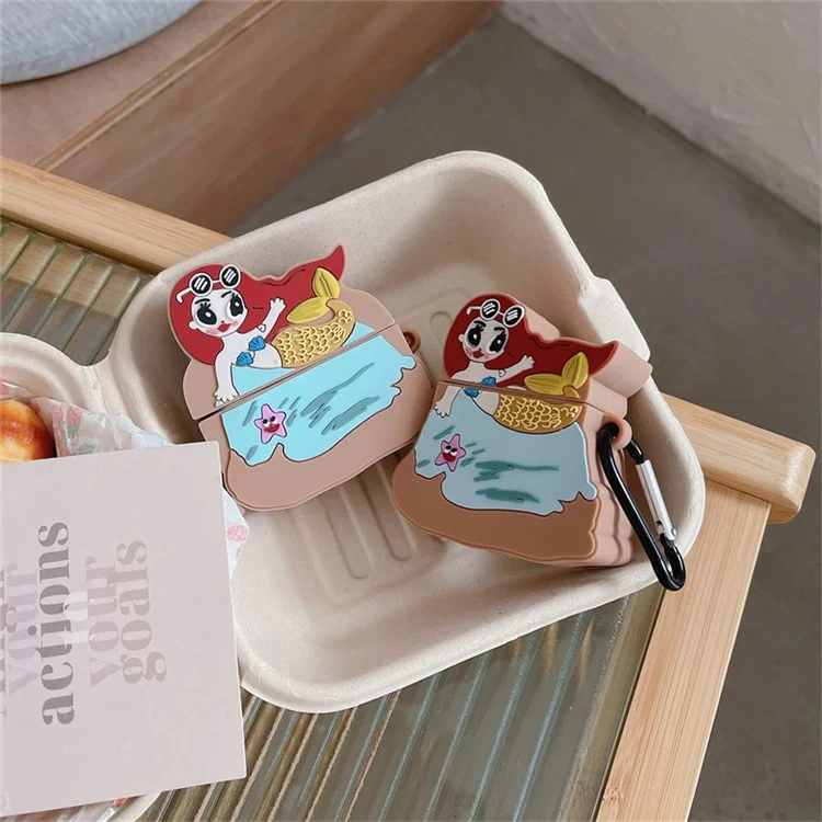 Mermaid Design Silicone Case for Apple AirPods 3 , Bluetooth-compatible Earphone Anti-drop Cover with Carabiner