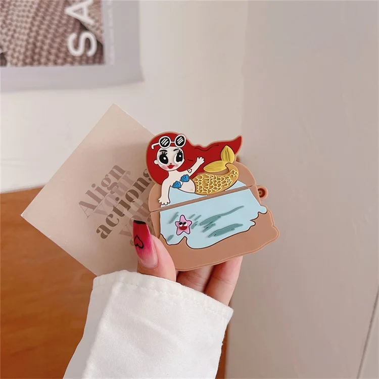 Mermaid Design Silicone Case for Apple AirPods 3 , Bluetooth-compatible Earphone Anti-drop Cover with Carabiner