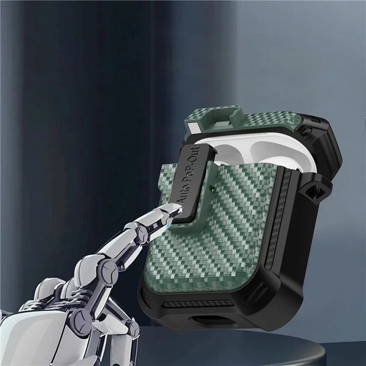 For AirPods with Wireless Charging Case (2019) / AirPods with Charging Case (2019) / (2016) Pressing Buckle Case Carbon Fiber Texture Cover - Green