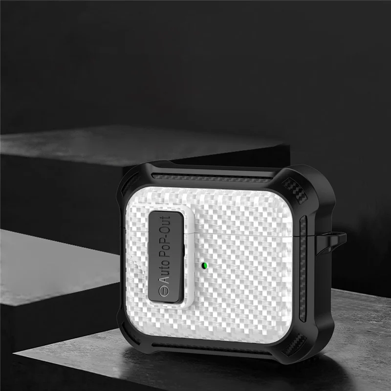 For Apple AirPods 3 Pressing Buckle TPU+PC Protective Case Carbon Fiber Texture Bluetooth-compatible Earphone Cover - White