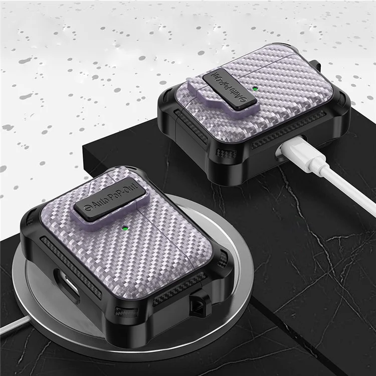 Pour Apple AirPods Pro Texture en fibre de carbone TPU+PC Housse anti-chute Boucle de pression Étui pour écouteurs - Violet