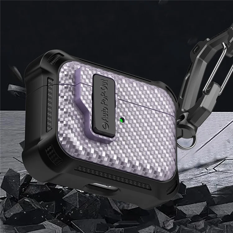 Pour Apple AirPods Pro Texture en fibre de carbone TPU+PC Housse anti-chute Boucle de pression Étui pour écouteurs - Violet