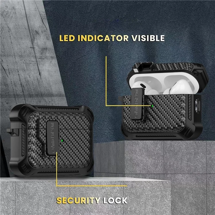 Für AirPods Pro 2 Pressing Buckle Wireless Earphone Anti-drop Case Carbon Fiber Texture TPU+PC Cover - Schwarz