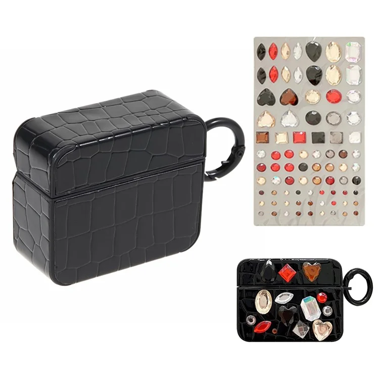 Para el estuche de auriculares AirPods Pro de Apple, funda de TPU con textura de cocodrilo y decoración de gemas, funda protectora TWS para auriculares - negro