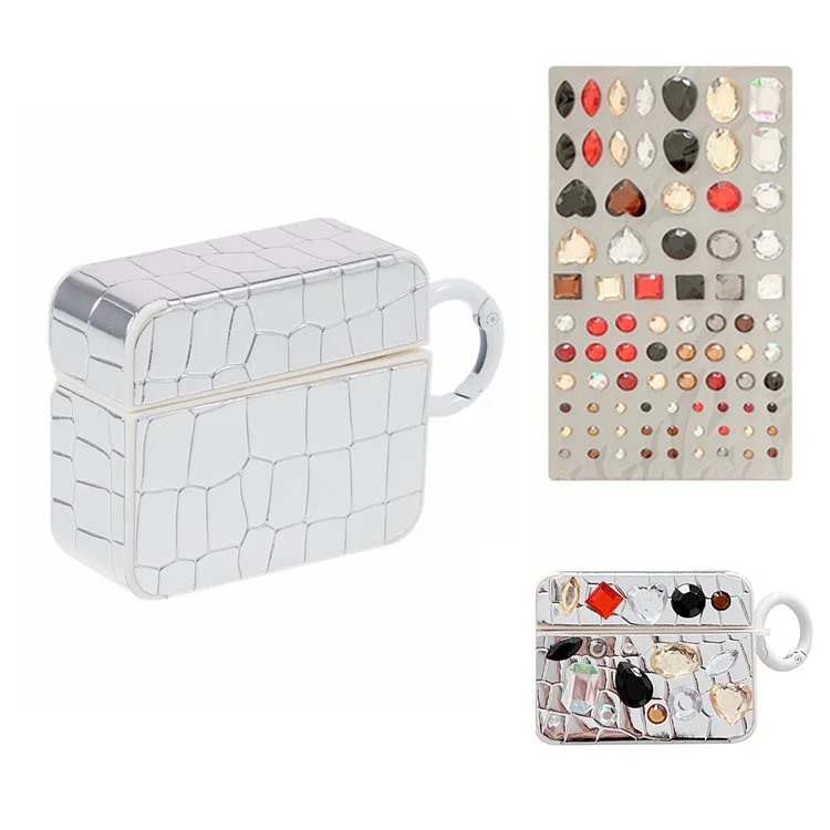 Custodia per auricolari per Apple AirPods 3, decorazione in texture coccodrillo e gemma Bluetooth Earbud TPU Cover - Argento