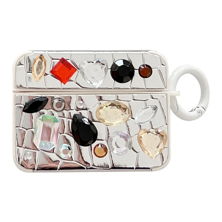 Custodia per auricolari per Apple AirPods 3, decorazione in texture coccodrillo e gemma Bluetooth Earbud TPU Cover - Argento