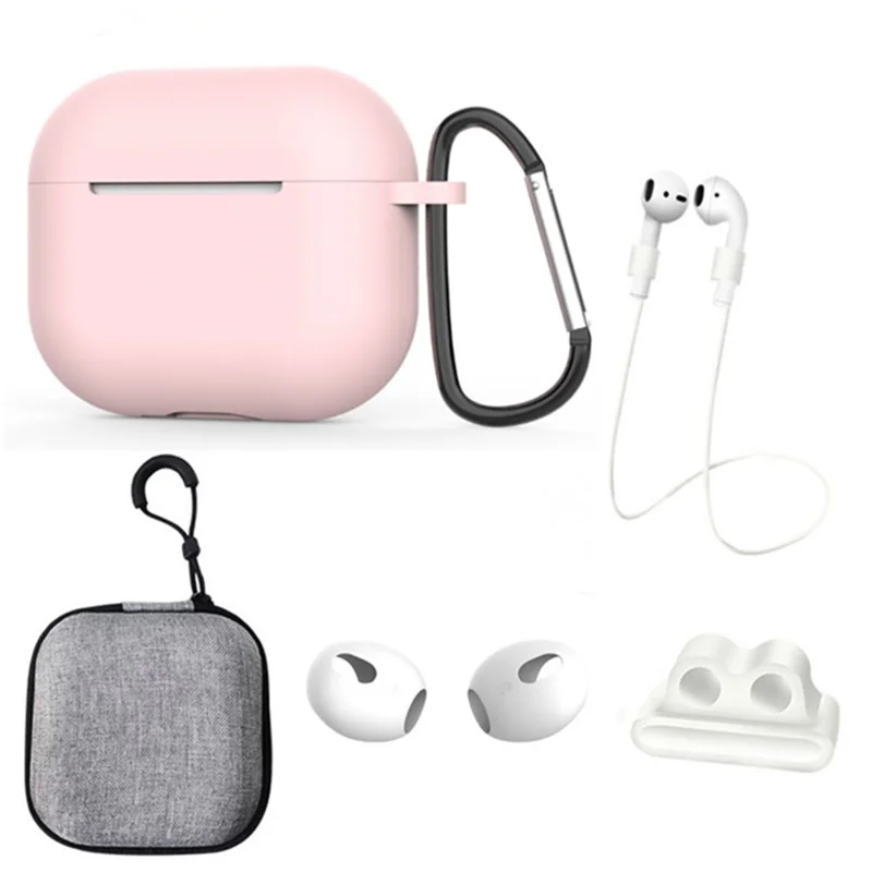 Para Apple AirPods 3 Estuche de Silicona 6 en 1 Anti-perdida Soporte para Correa de Reloj Colgador de Oreja Caja de Almacenamiento de Tapas de Oreja - Rosa