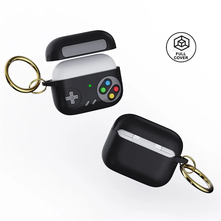 For Apple AirPods Pro Earphone Silicone Case Game Console Design Earbuds Cover with Ring Buckle - Black
