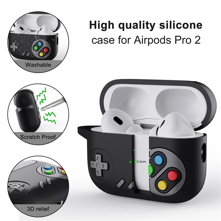 Case de Silicona de Auriculares Para Apple AirPods Pro 2, Game Console Design Aurbuds Cubierta Anti-drop Con Hebilla de Anillo - Negro