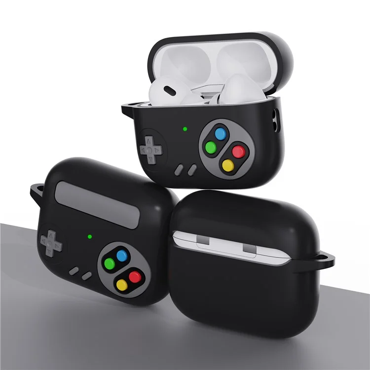 Case de Silicona de Auriculares Para Apple AirPods Pro 2, Game Console Design Aurbuds Cubierta Anti-drop Con Hebilla de Anillo - Negro