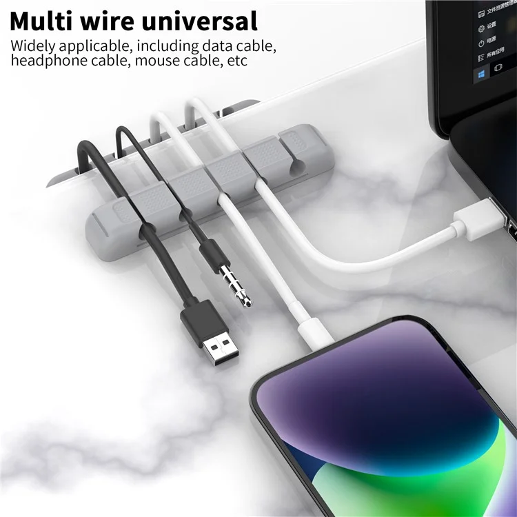 AHASTYLE PT125 5 Slots Cable Organizer Silicone Charger Cord Winder Desktop Management Clip - Grey