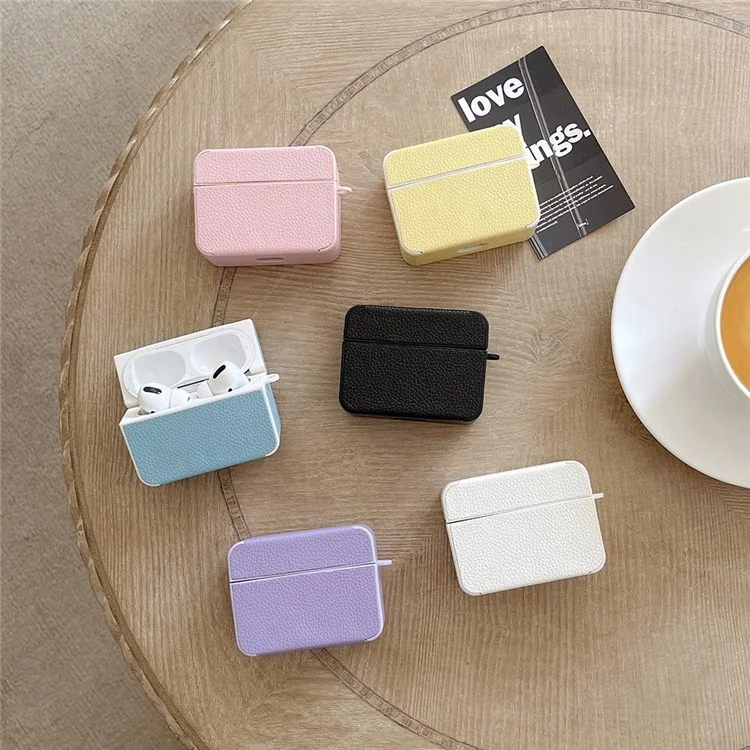 Pour AirPods Pro Apple Litchi Texture Protective Case PU Leather TPU Earbuds Charging Case Cover - Blanc
