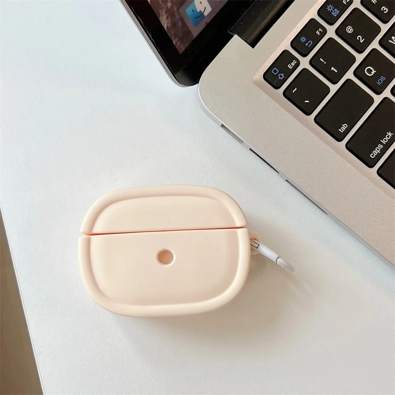 For Apple AirPods Pro / Pro 2 Earphone Protective Cover Candy Color Oval Silicone Case with Hanging Buckle - Beige