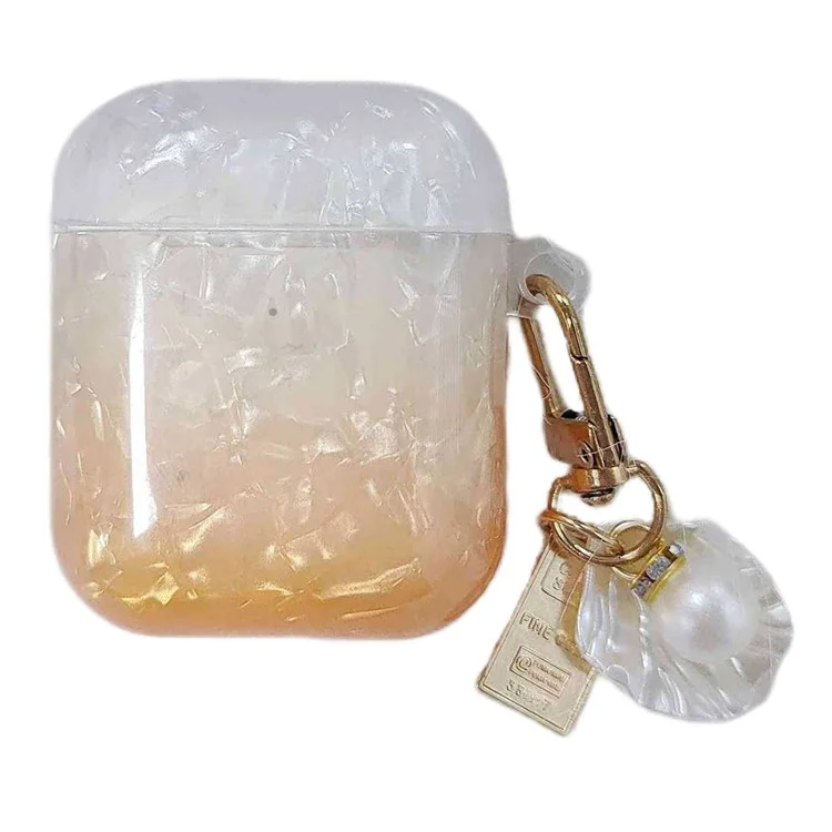 Custodia per cuffie Earphone per Apple AirPods con custodia di ricarica (2016) / (2019) / AirPods con custodia di ricarica wireless (2019), custodia in TPU a grana di conchiglia sfumata con pendente - Arancione