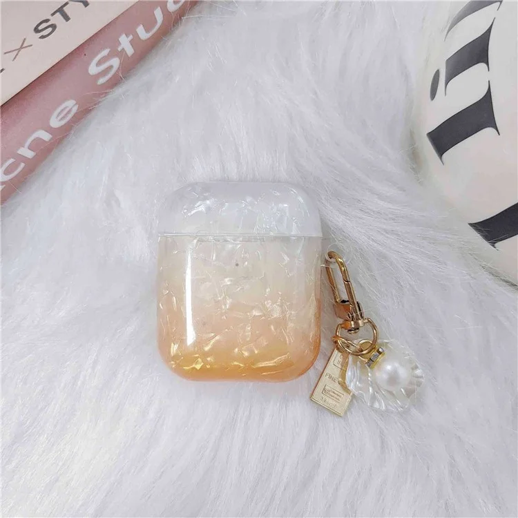 Custodia per cuffie Earphone per Apple AirPods con custodia di ricarica (2016) / (2019) / AirPods con custodia di ricarica wireless (2019), custodia in TPU a grana di conchiglia sfumata con pendente - Arancione