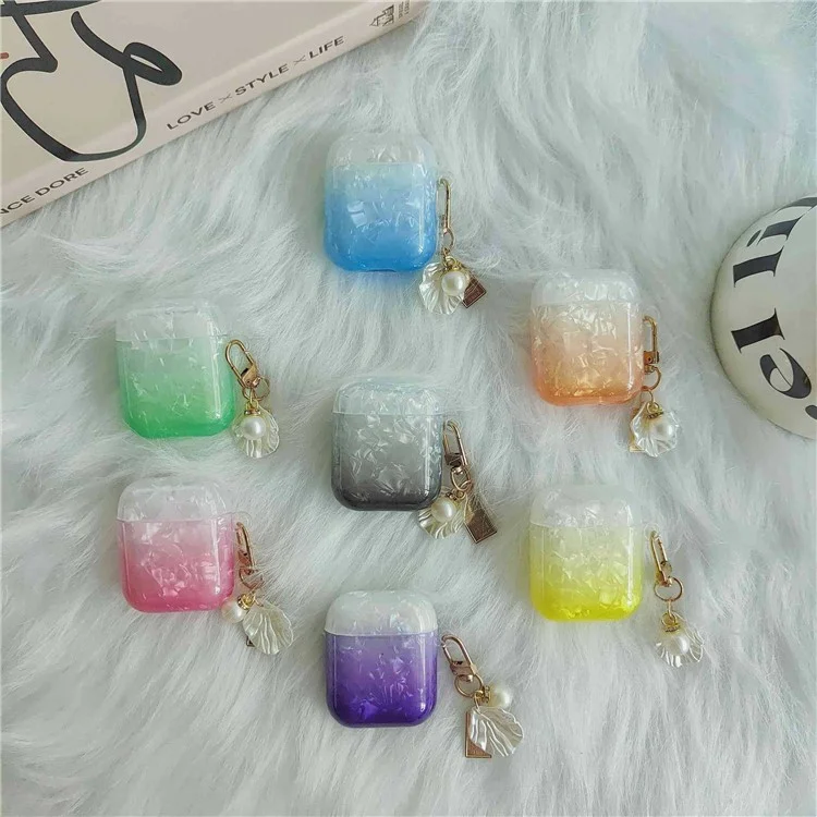 Custodia per cuffie Earphone per Apple AirPods con custodia di ricarica (2016) / (2019) / AirPods con custodia di ricarica wireless (2019), custodia in TPU a grana di conchiglia sfumata con pendente - Arancione