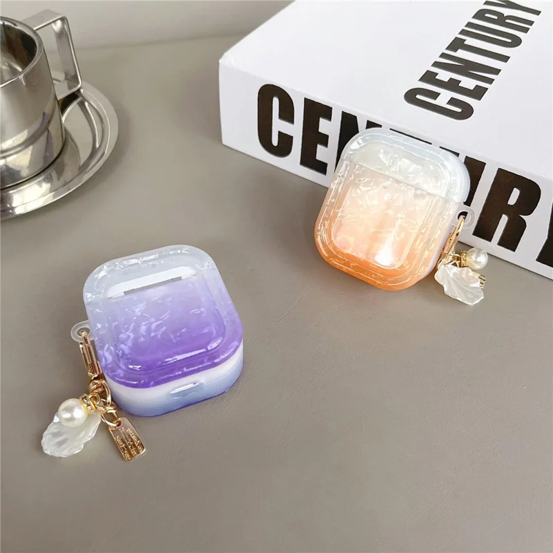 TPU Cover for Apple AirPods with Charging Case (2016) / (2019) / AirPods with Wireless Charging Case (2019) , Gradient Shell Grain Square Earphone Case with Pendant - Sky Blue