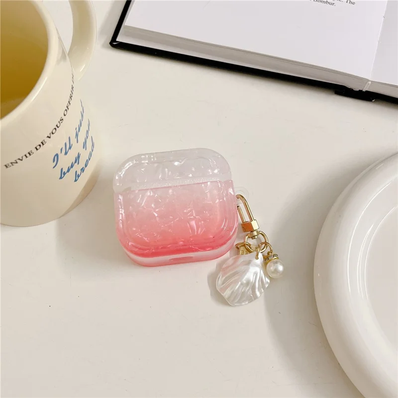 For Apple AirPods 3 Full Protective Cover Gradient Shell Grain Earphone Square TPU Case with Shell Shape Pendant - Red