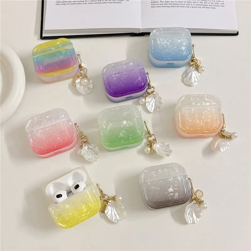 For Apple AirPods 3 Full Protective Cover Gradient Shell Grain Earphone Square TPU Case with Shell Shape Pendant - Red
