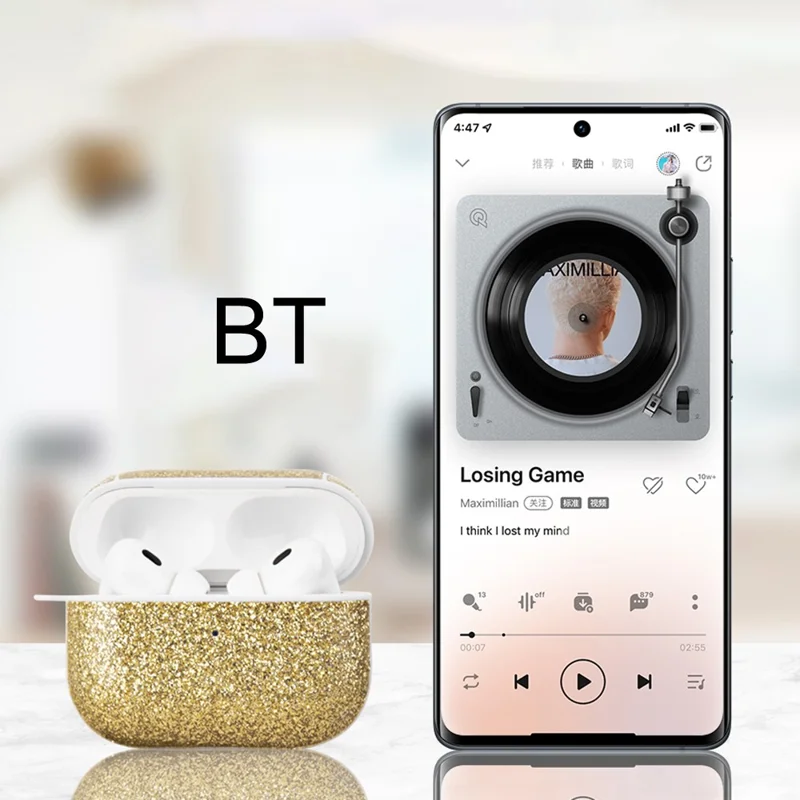 Glitter TPU+PU Case for Apple AirPods 3 Bluetooth-compatible Headset Charging Case Protective Cover - Silver