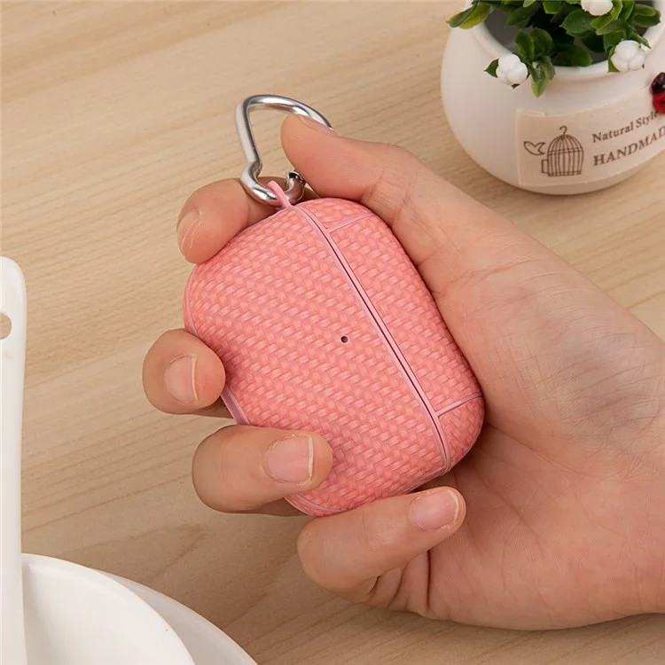 Bluetooth-compatible Earphone Protective Case for Apple AirPods 3 , PU Leather Coated PC Cover with Carabiner - Pink