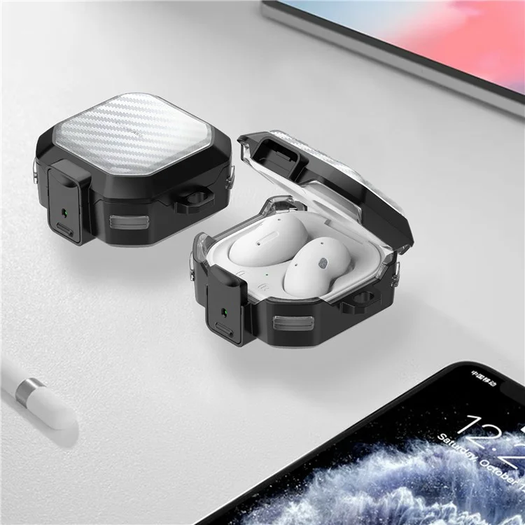 Earphone Case for Samsung Galaxy Buds Live / Buds2 / Buds Pro / Buds2 Pro , Carbon Fiber PC+TPU Earbud Cover with Lock - Transparent Black