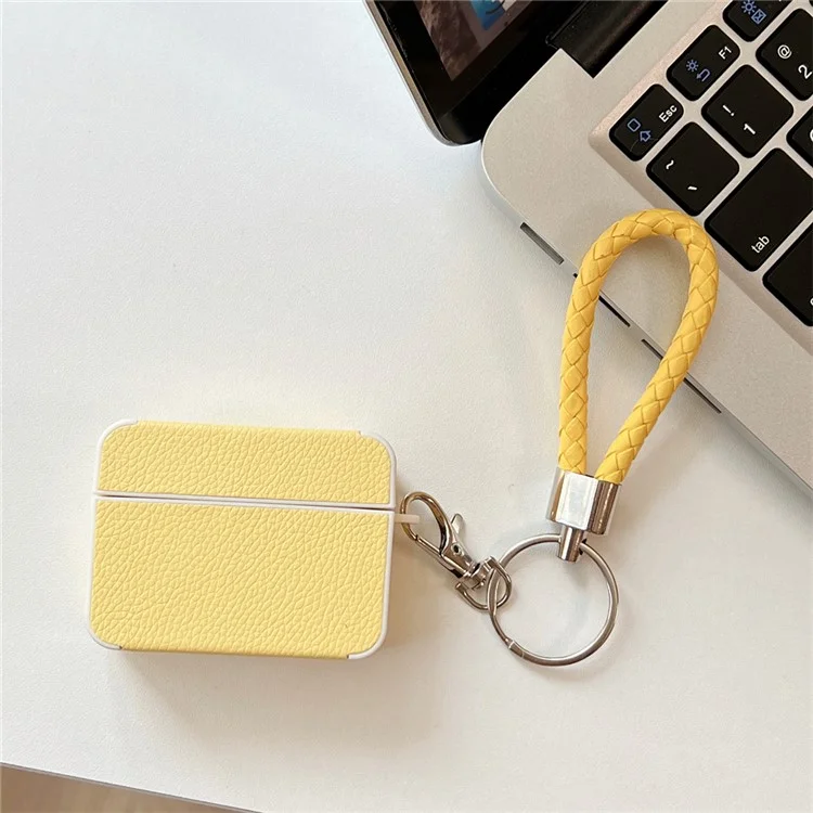 For Apple AirPods Pro 2 Protective Case Litchi Texture PU+TPU Bluetooth-compatible Earbuds Charging Case Cover with Strap - Yellow