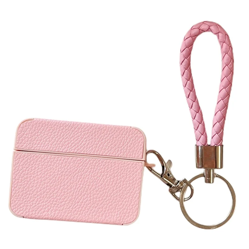 For Apple AirPods Pro 2 Protective Case Litchi Texture PU+TPU Bluetooth-compatible Earbuds Charging Case Cover with Strap - Pink