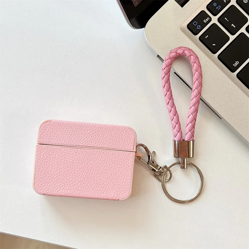 For Apple AirPods Pro 2 Protective Case Litchi Texture PU+TPU Bluetooth-compatible Earbuds Charging Case Cover with Strap - Pink