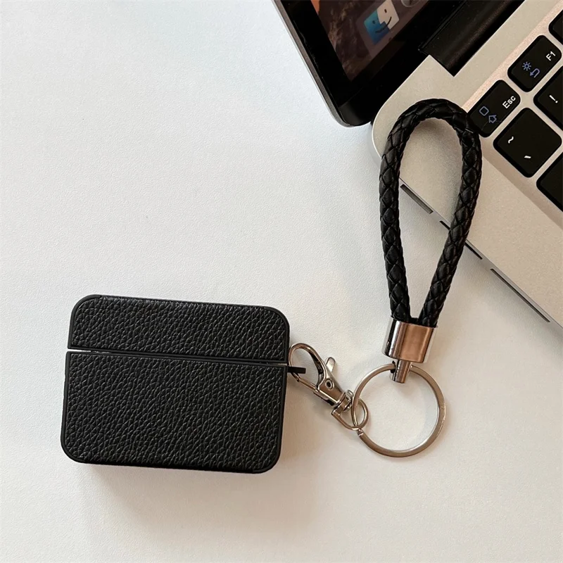 For Apple AirPods Pro 2 Protective Case Litchi Texture PU+TPU Bluetooth-compatible Earbuds Charging Case Cover with Strap - Black