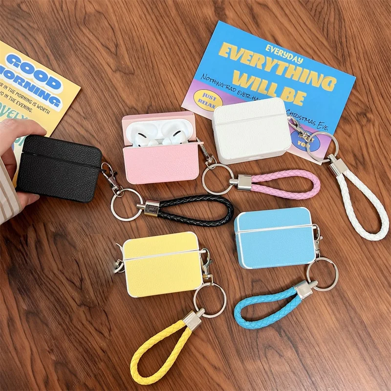 For Apple AirPods Pro 2 Protective Case Litchi Texture PU+TPU Bluetooth-compatible Earbuds Charging Case Cover with Strap - Black