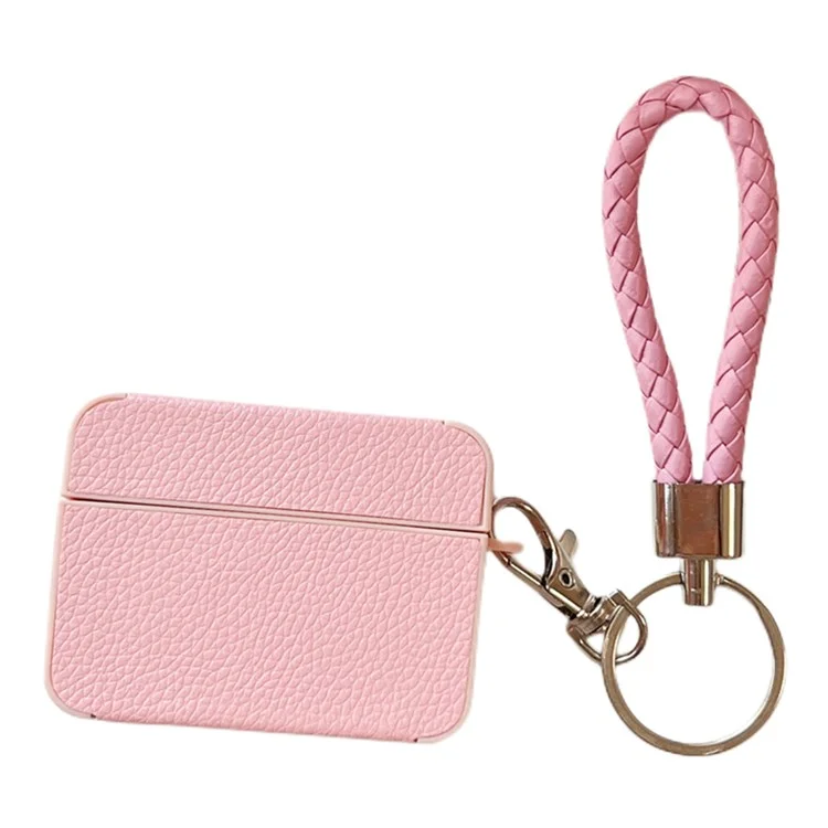 Shockproof Cover for Apple AirPods 3 Litchi Texture PU+TPU Bluetooth-compatible Headset Case with Strap - Pink
