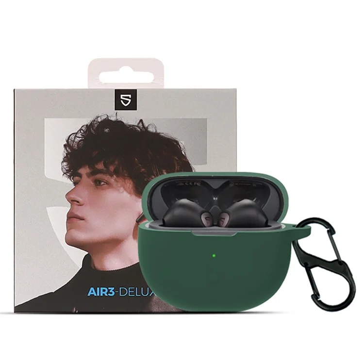 For SoundPEATS Air3-Deluxe Bluetooth-compatible Earphone Silicone Case Anti-scratch Cover with Anti-lost Buckle - Blackish Green