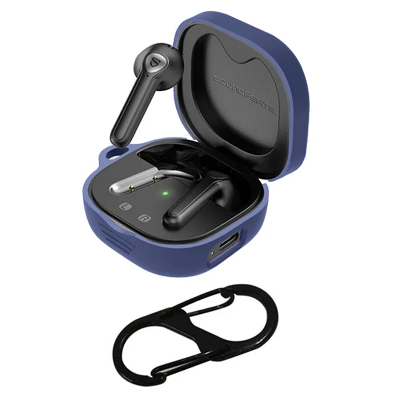 For SoundPEATS TrueAir2 Anti-drop Case Bluetooth-compatible Earphone Silicone Cover with Anti-lost Buckle - Dark Blue