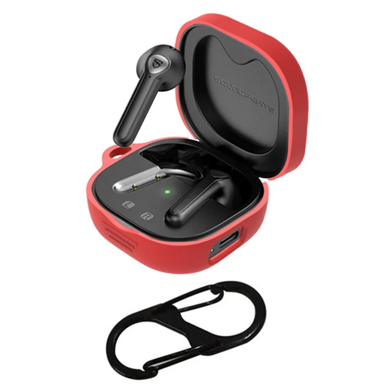 For SoundPEATS TrueAir2 Anti-drop Case Bluetooth-compatible Earphone Silicone Cover with Anti-lost Buckle - Red