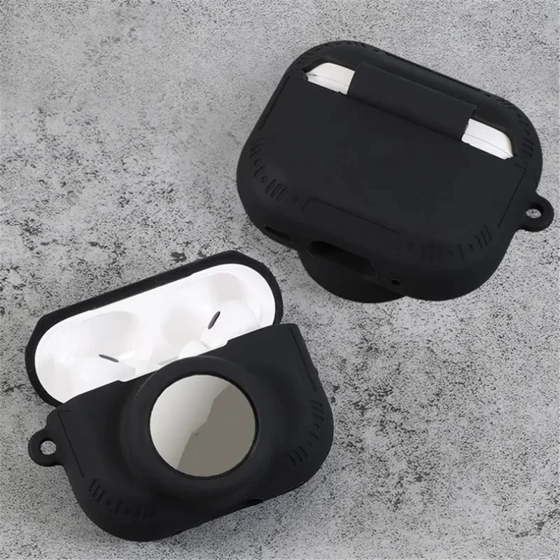 For AirPods Pro 2 + AirTag 2-in-1 Silicone Protective Cover Anti-drop Case with Ring Buckle - Black