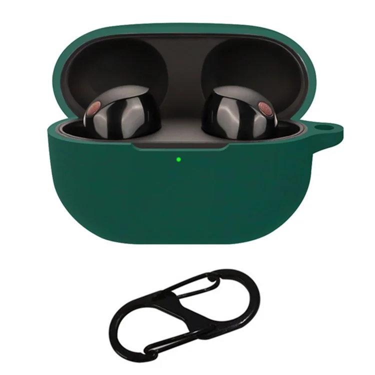 For Sony WF-1000XM5 Silicone Sleeve Drop Protection Cover Bluetooth-compatible Headphone Case with Hanging Buckle -Blackish Green