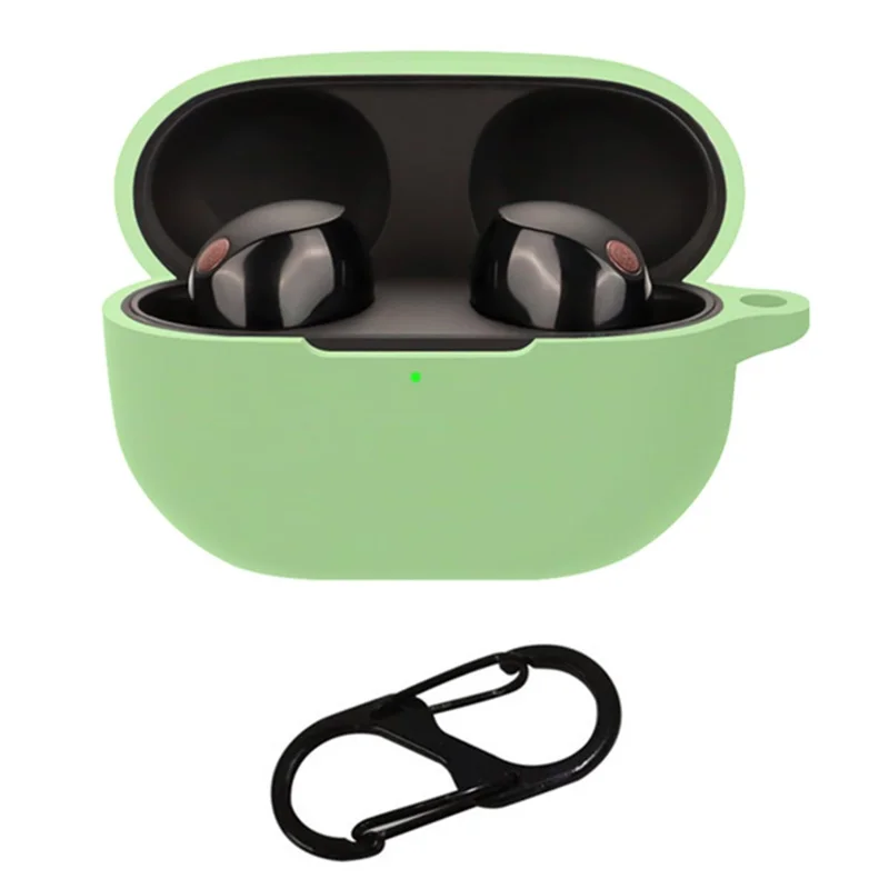 For Sony WF-1000XM5 Silicone Sleeve Drop Protection Cover Bluetooth-compatible Headphone Case with Hanging Buckle -Matcha Green